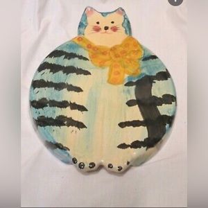 Ceramic Cat Wall Hanging Italy Hand Painting 9 x 7 Round Blue  Black
